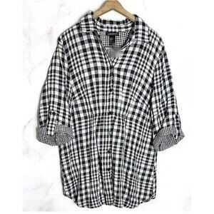 Lane Bryant Sz 18 20 Womens Plaid Gathered Button Up Front Shirt Black White
